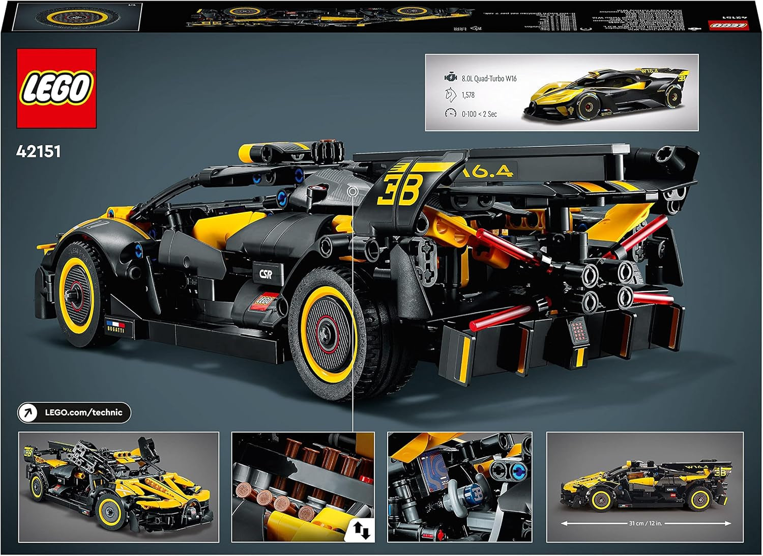 LEGO Technic Bugatti Race Car, Kit de modèle de voiture, Jouet de voiture de sport, Ensemble de voitures de collection emblématique, Jouet de construction à partir de 9 ans 42151 Jeux de construction Besuche den LEGO-Store