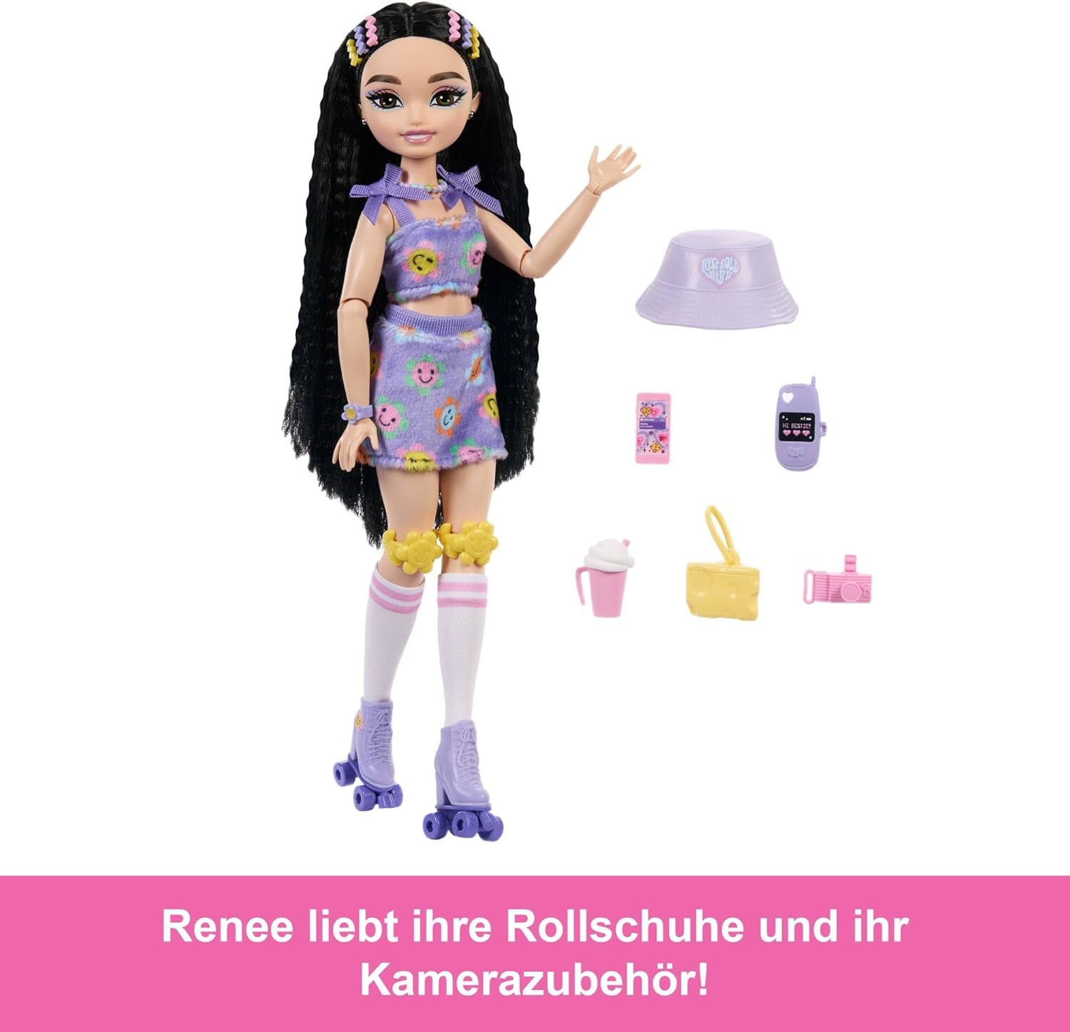 Dream Besties Poupée Barbie et accessoires, poupée Barbie Renee tendance avec patinage à roulettes et cheveux noirs, 12 accessoires thématiques avec vidéos et nourriture, JFX99