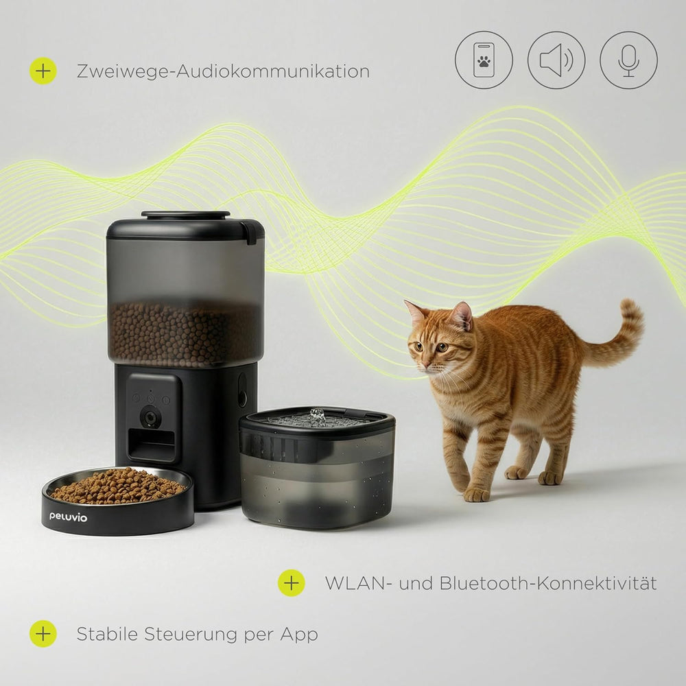 Feast Automatische Futterautomat Katze mit App and Kamera, Live-Video mit Nachtsicht und Zwei-Wege-Audio, Portionskontrolle, Edelstahl-Napf, Katzen Trinkbrunnen mit Filter, 4,5 l et 2,5 l