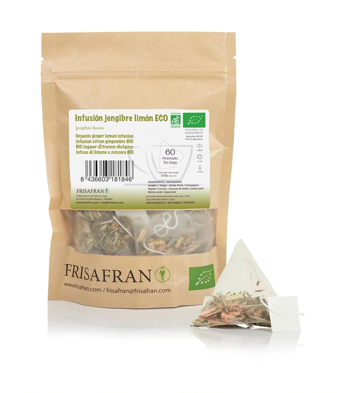 FRISAFRAN | Ceai verde organic Mint Gunpowder în piramide 30 unități | 60G | Antioxidant | Ceai verde japonez | Digestiv | Băutură răcoritoare | Infuzie de mentă | Ceai pur | Frunze de mentă | Cald-rece