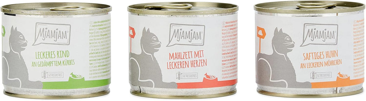 MjAMjAM - Nourriture humide de qualité supérieure pour chats - Pack mixte I - Poulet, bœuf, cœurs, paquet de 6 (6 x 200 g), sans céréales avec viande supplémentaire