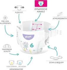 Scutece Bella Baby Happy Premium, mărimea 6, Junior Extra, 15+ kg, 96 de bucăți, sigiliu DERMATEST și OEKO-TEX, scutece de unică folosință pentru bebeluși