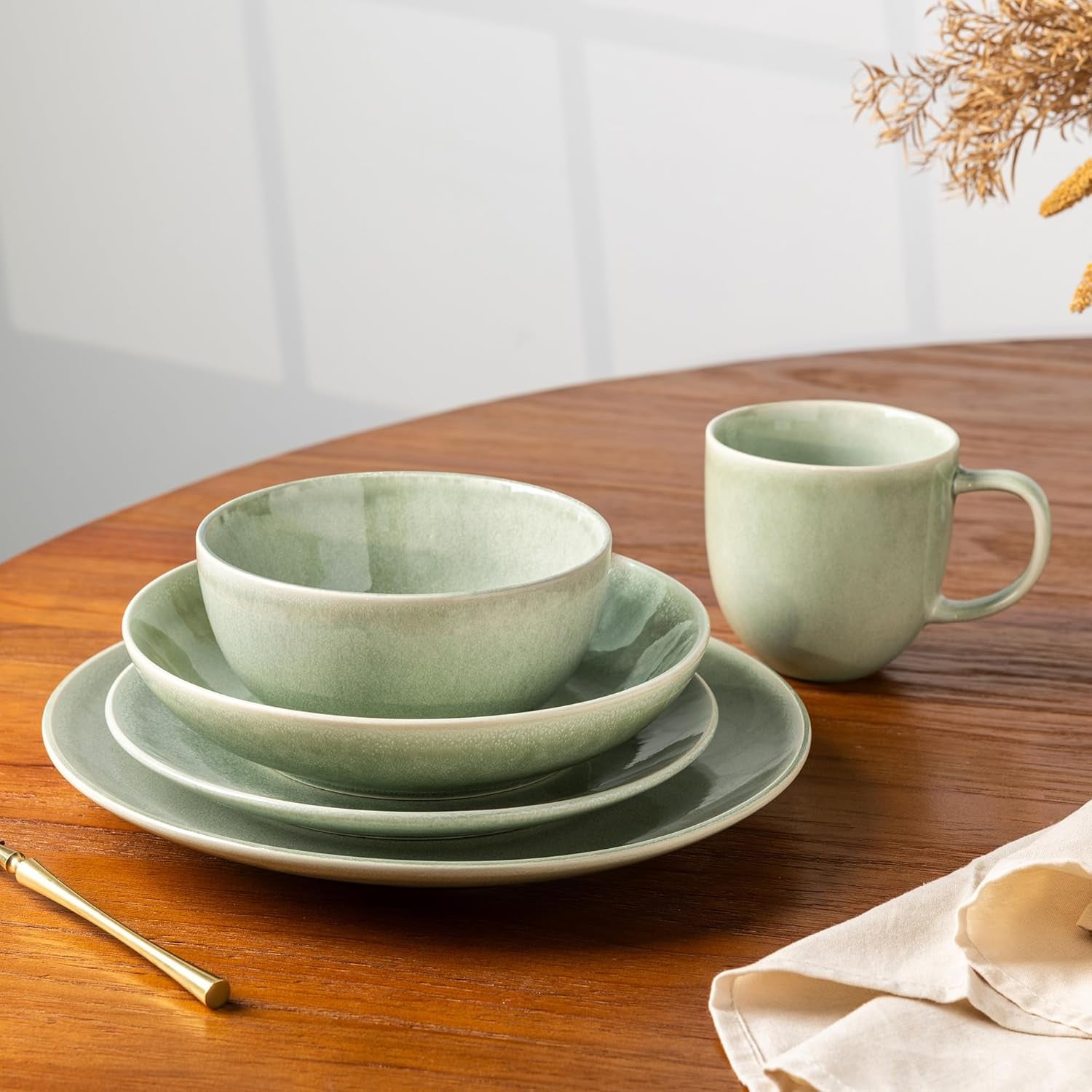 GBHOME Service de table en céramique pour 6 personnes, 24 assiettes et bols peints à la main, grès résistant aux rayures, passe au lave-vaisselle et au micro-ondes