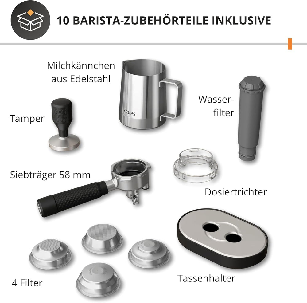 Machine à expresso manuelle Krups Precision avec porte-filtre et moulin, machine à café barista avec panneau de commande intuitif, réglages de pré-infusion, machine à expresso avec buse vapeur, chauffage rapide, XP801T10