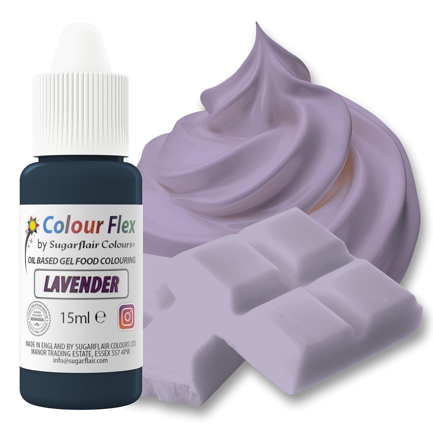 Colorant alimentaire à base d'huile Sugarflair Colourflex Lavande, colorant alimentaire liquide hautement concentré pour crème au beurre, chocolat, pâte, fondant, glaçage et plus encore - 15 ml