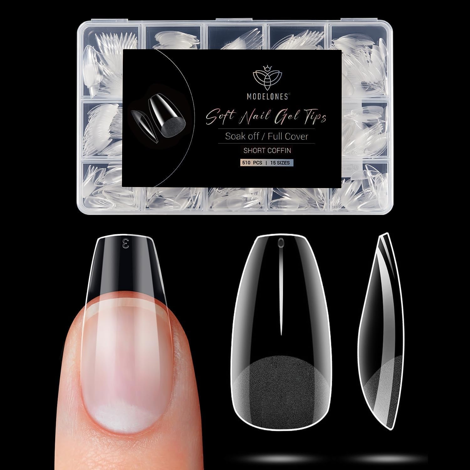 Modelones Nail Tips 510 pièces – Ensemble de pointes d'ongles à couverture complète, ensemble de pointes en gel, pointes d'ongles en résine PMMA pré-polonées, ongles artificiels à coller sur Nail Art DIY, Squoval court