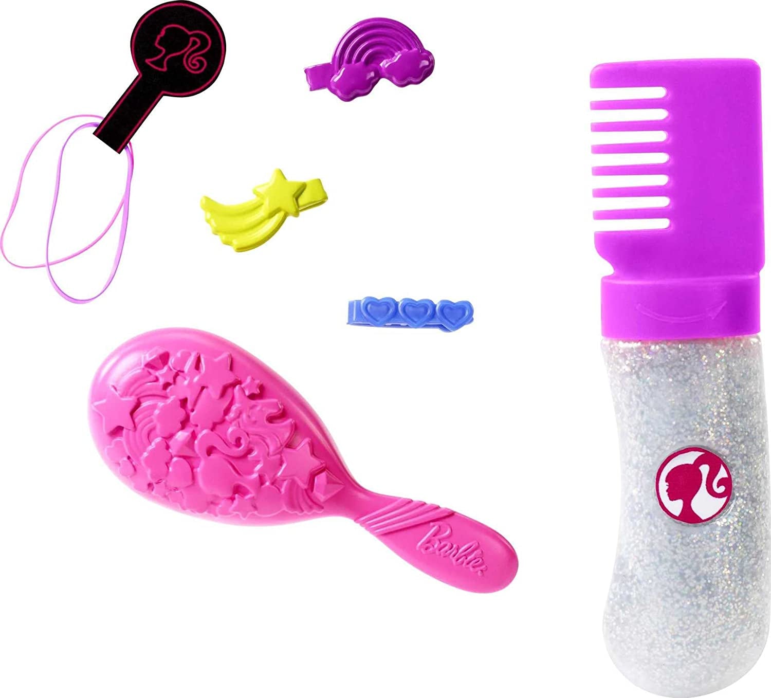 Barbie FXN96 - Rainbow Glitter Hair Doll cu păr blond lung, curcubeu ascuns de cinci culori, gel cu sclipici, perie de păr, accesoriu pentru coafat, cadou de jucărie pentru copii de la 5 ani în sus Papusi Naty Shop