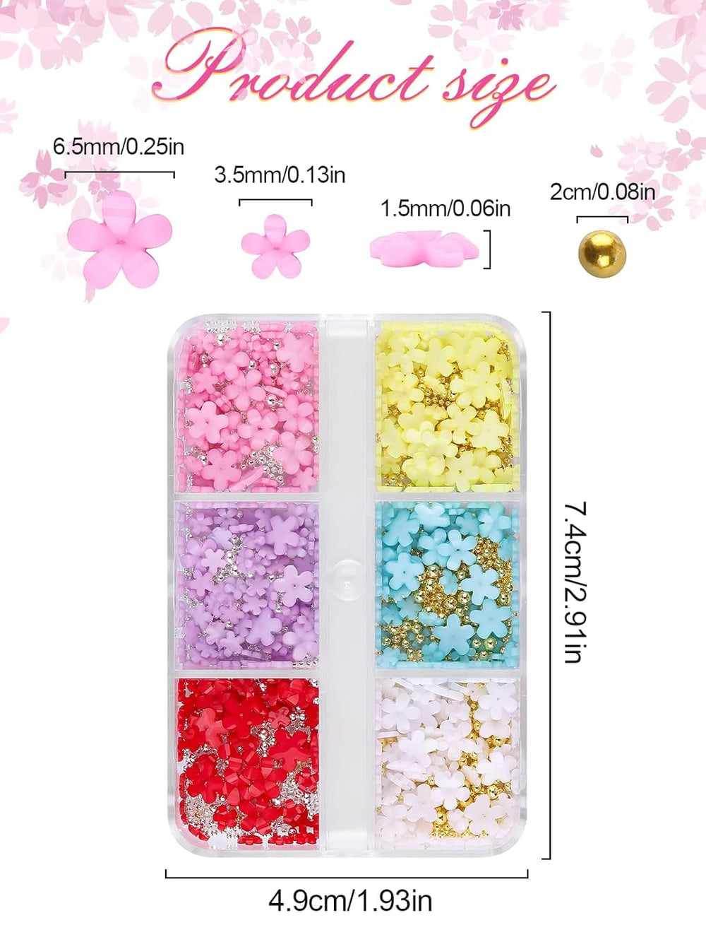 Kalolary Breloques pour nail art en forme de fleurs en acrylique 3D pour ongles, cinq pétales, ornements floraux, pierres précieuses, strass, perles métalliques mélangées pour bricolage, conception de nail art, fabrication de bijoux (2 boîtes)