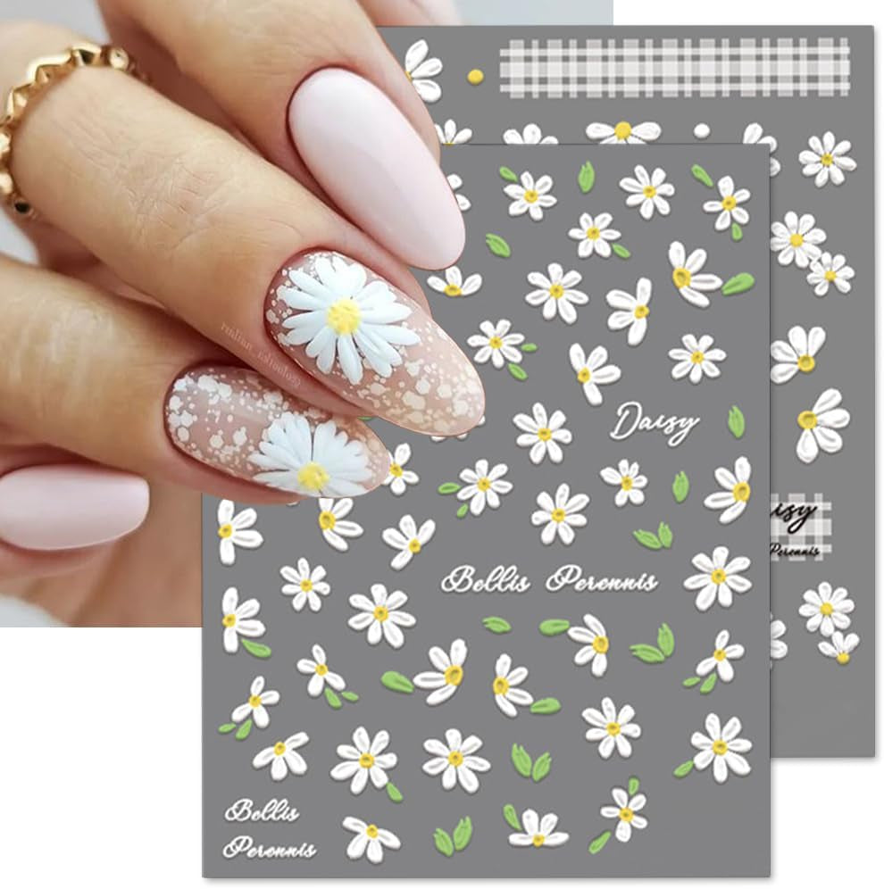 Autocollants pour ongles en forme de marguerites blanches en relief 5D, autocollants pour ongles, feuilles de fleurs, autocollants pour Nail Art, accessoires de décoration d'ongles, autocollants de conception de fleurs, Nail Art