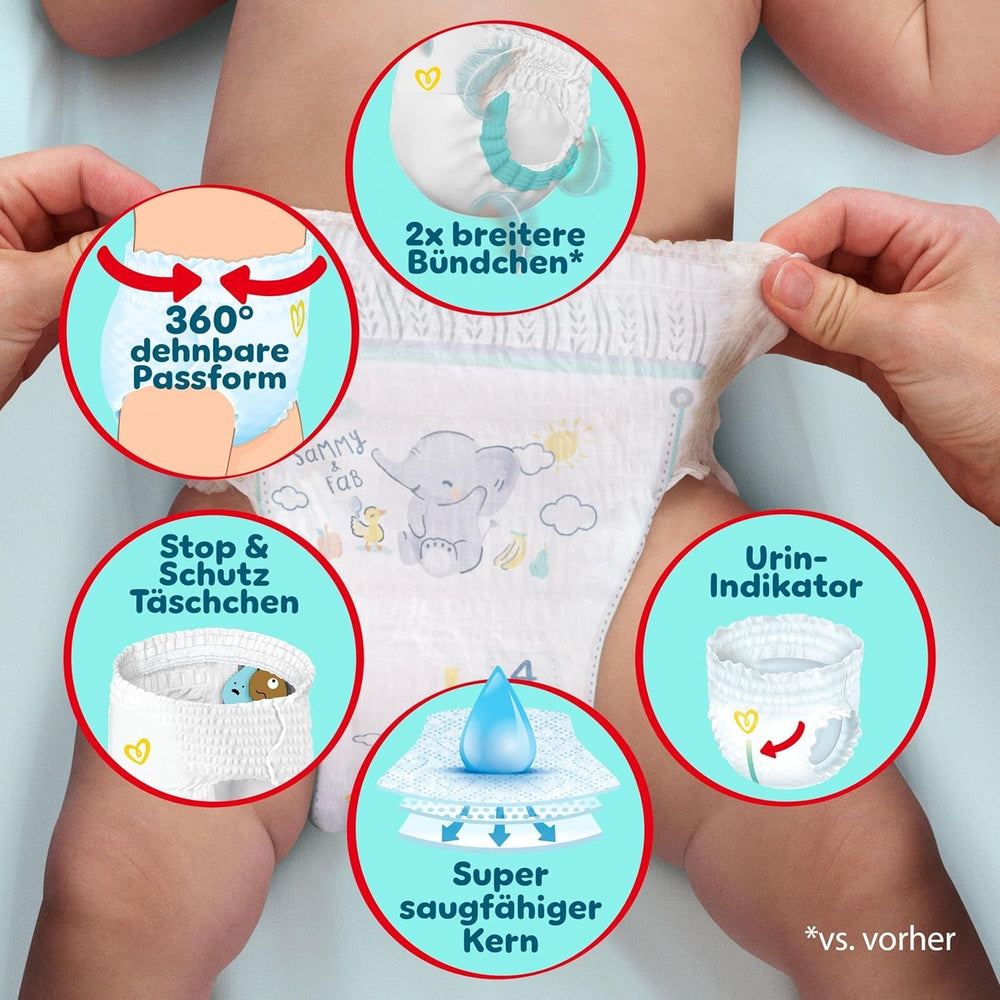 Pampers Premium Protection Pants Größe 6, 78 Windeln, 13kg-19kg, Mit 360° Passform, 2x breiteren Bündchen als vorher für Komfort & Schutz + 10 Stück Pampers Aqua Baby-Feuchttücher enthalten