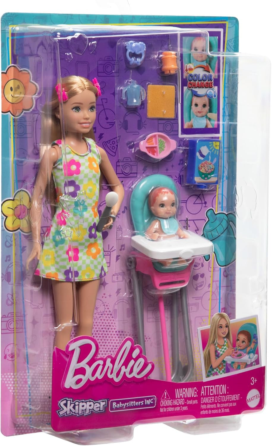 Barbie Skipper poupée et accessoires ensemble de jeu nourriture ensemble de garde d'enfants jouet à changement de couleur HTK35