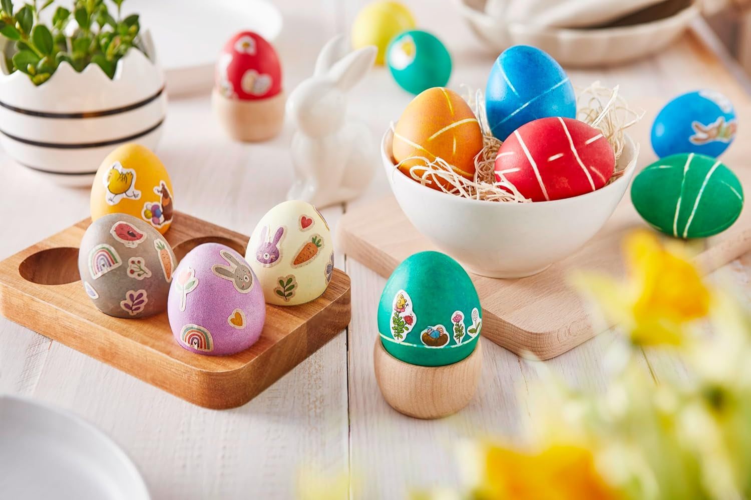 Heitmann Egg Dye Set de teinture naturelle, 3 poudres de teinture aux œufs (jaune, violet, gris-bleu), feuille d'autocollants en papier d'herbe