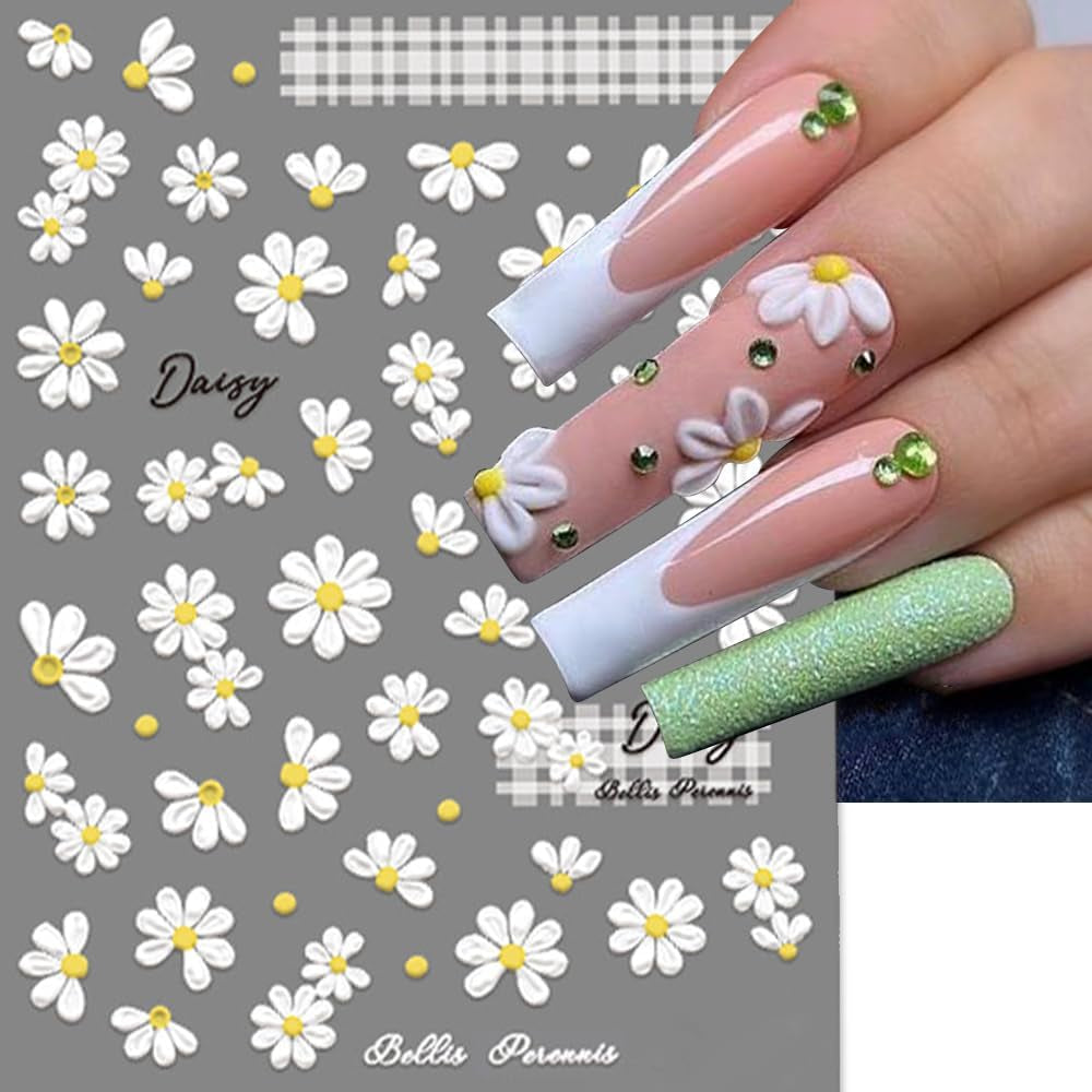 Autocollants pour ongles en forme de marguerites blanches en relief 5D, autocollants pour ongles, feuilles de fleurs, autocollants pour Nail Art, accessoires de décoration d'ongles, autocollants de conception de fleurs, Nail Art