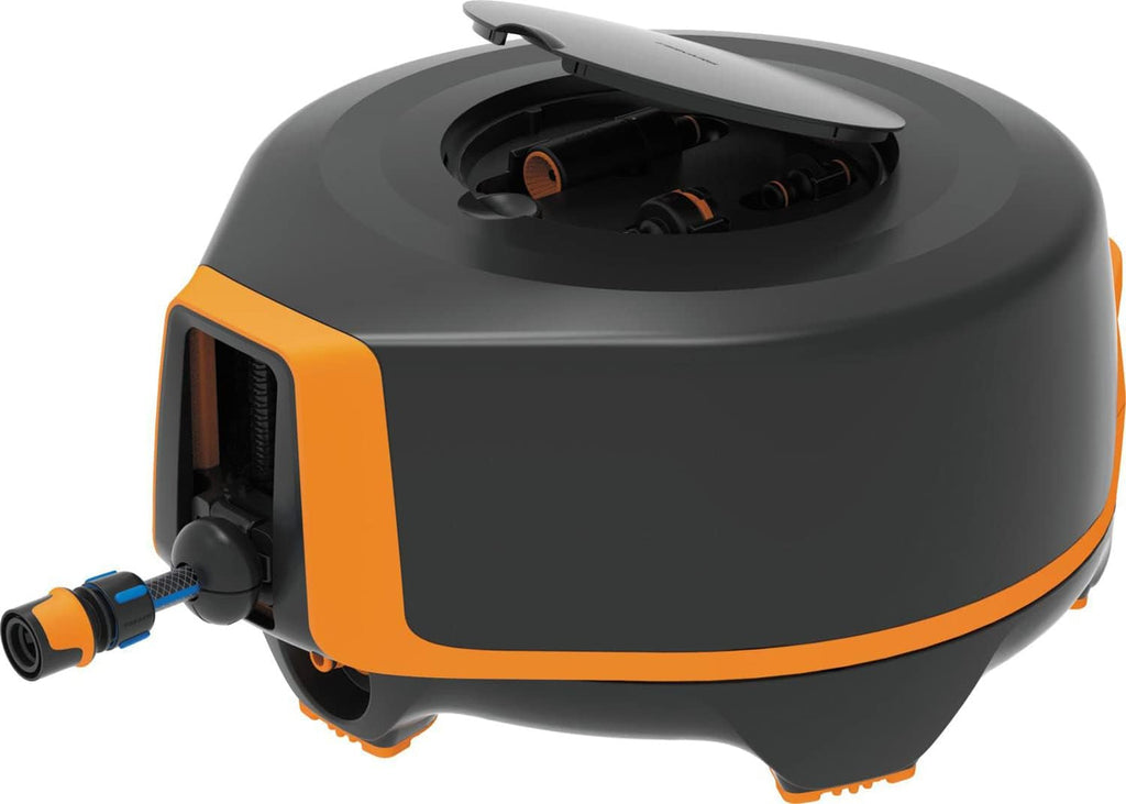 Fiskars Waterwheel XL, Set de udare all-inclusive, Rază totală de acțiune de 25 m, Retragere automată, Furtun de grădină universal (Ø 13 mm), Conector universal pentru robinet, Negru/Portocaliu, Seria X, 1067549