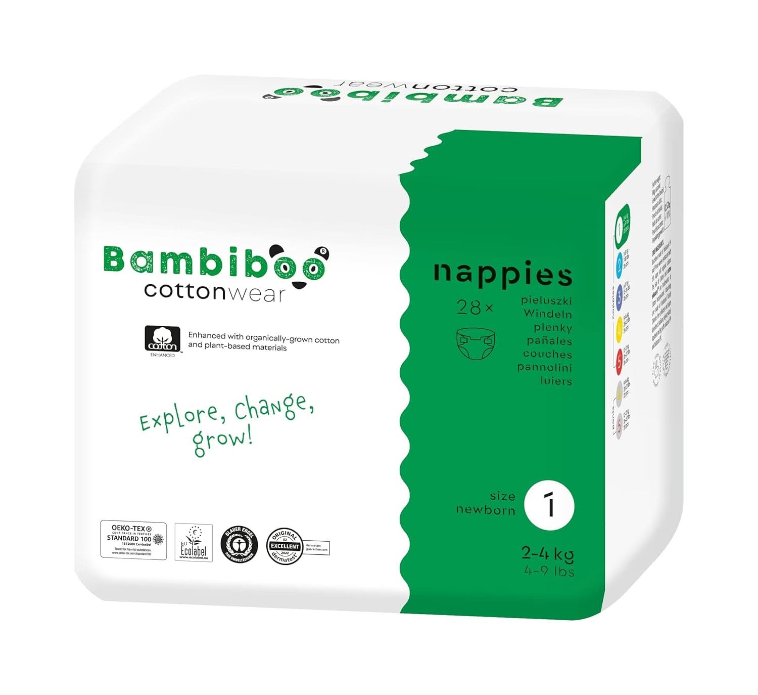 Bambiboo Scutece pentru copii - COTTONWEAR - Scutece de unică folosință pentru copii din bumbac organic și țesături pe bază de plante cu buric decupat Mama si Copilul Naty Shop Scutece, mărimea 1, 28 bucăți