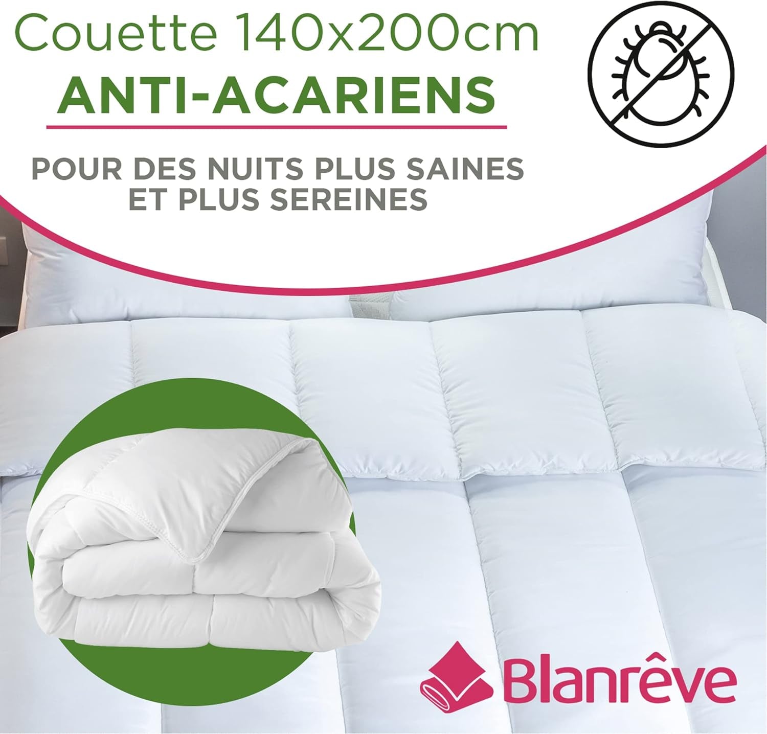 Blanrève - Couette Sérénité - Traitement anti-acariens - Tempérée 300 G/M² - 140 X 200 Cm - Pour lit simple - Lavable en machine, blanc Couettes et couettes Naty Shop