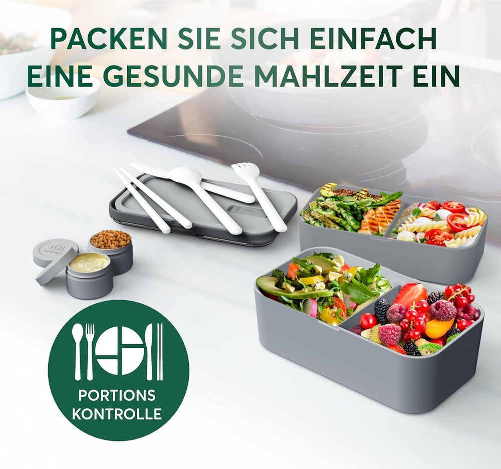 Boîte à lunch Umami pour adultes, boîte à bento empilable avec 4 couverts et compartiments, boîte à lunch adulte, récipient à salade à emporter, boîte à lunch pique-nique/bureau, gris anthracite, boîtes de conservation des aliments 1500 ml Naty Shop