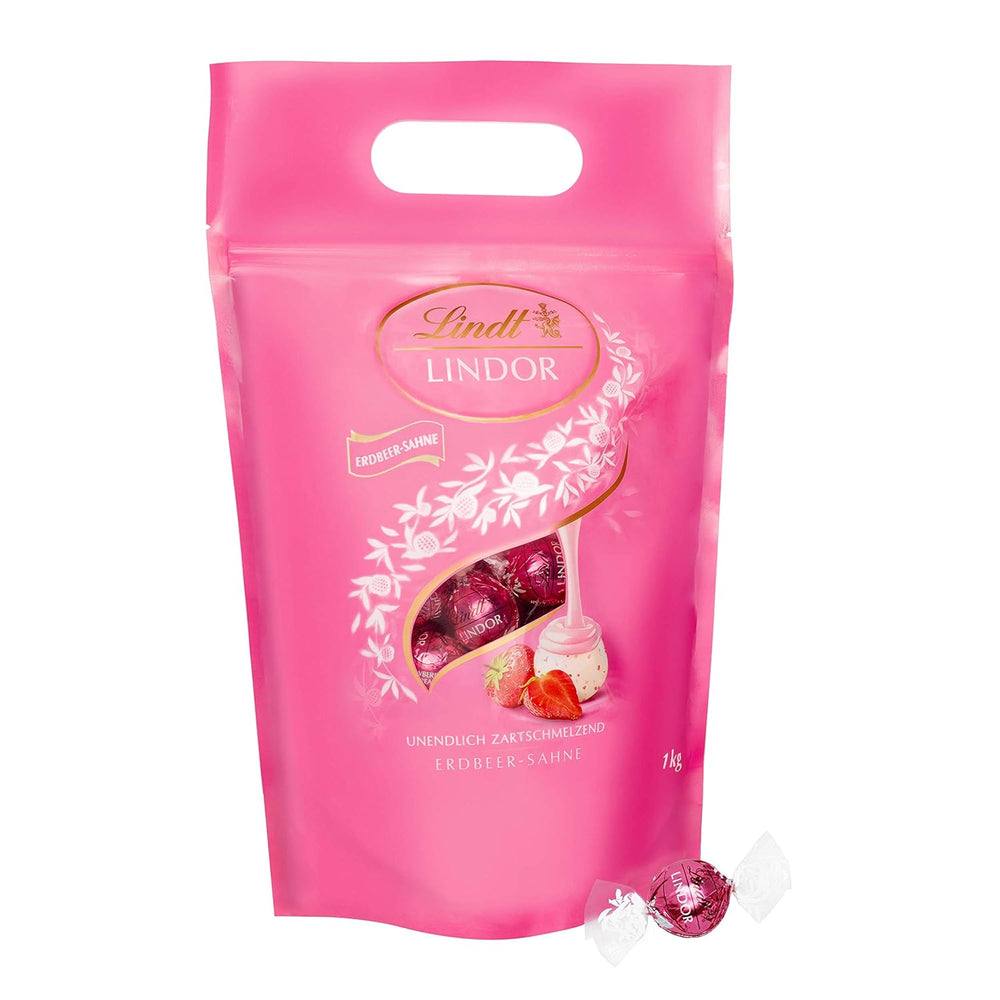 Boules de chocolat extra noir Lindt LINDOR et boules de chocolat crème aux fraises LINDOR | Sac refermable de 1 kg | env. 80 boules de chocolat blanc à la crème de fraise