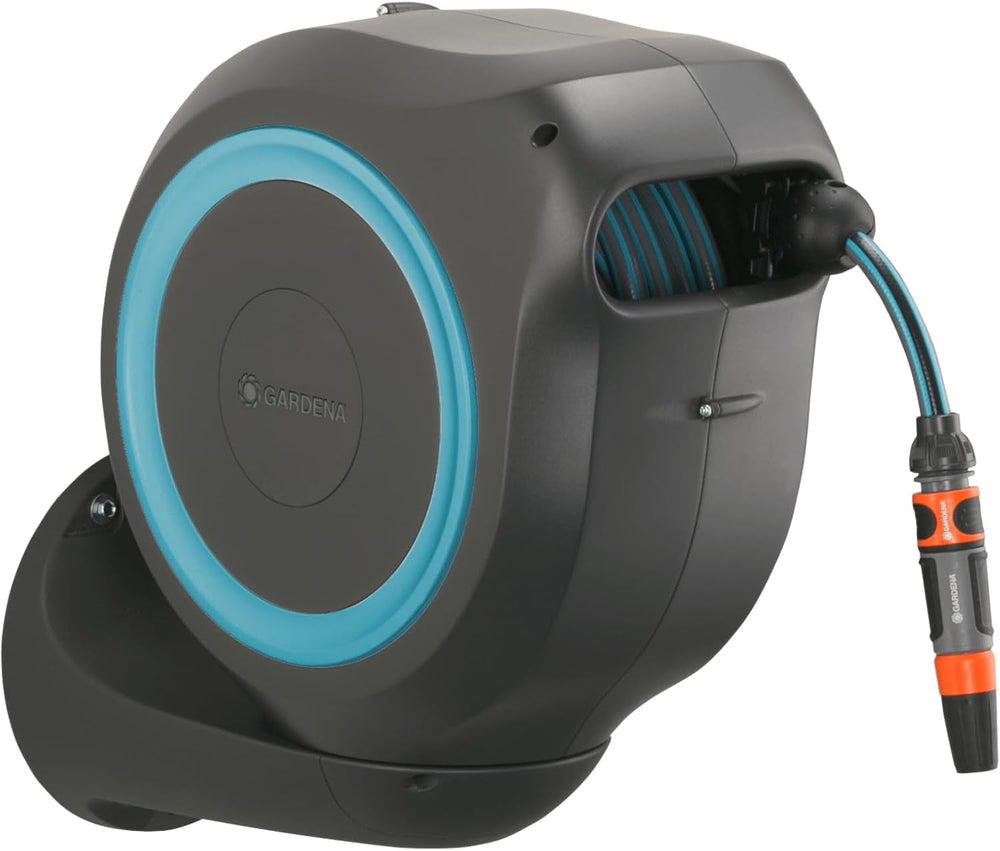 Boîte de tuyau murale Gardena RollUp M (Turquoise) 20 m : arrosage flexible pour jardins de taille moyenne, enrouleur de tuyau rotatif, avec support mural, composants du système et buse de pulvérisation, avec tuyau de 20 m (18610-20)