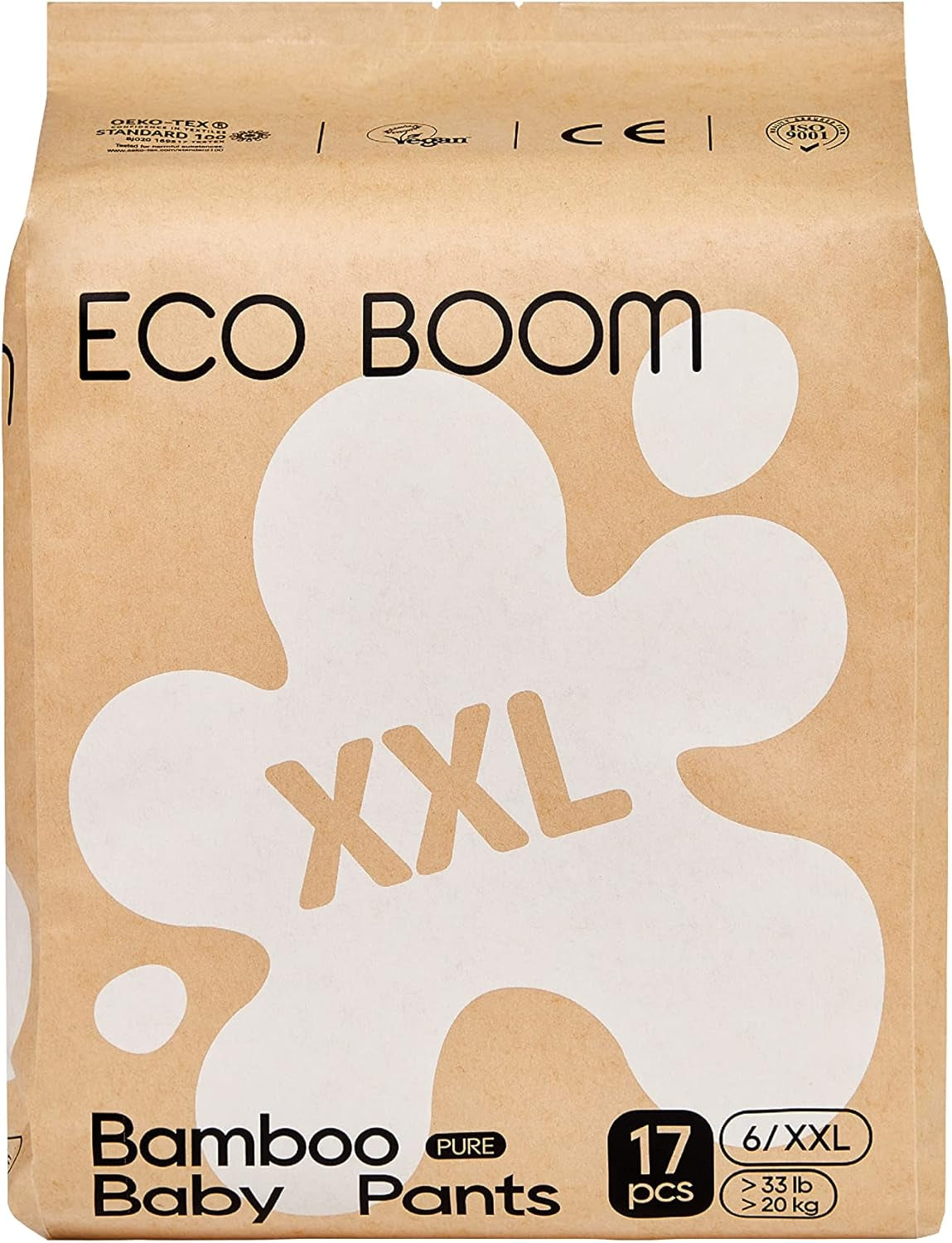 ECO BOOM Couches pour bébé en bambou - Taille 6 (20 kg), Couches pull-up à base de plantes (17 pièces) - Bio de qualité supérieure, sans parfum, respectueuses de la peau, super absorbantes