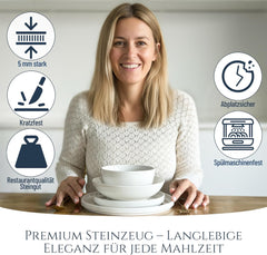 Service de table en porcelaine Crystal 48 pièces, gagnant du test, service de table en porcelaine transparente, bols et assiettes, service de table pour 12 services de table Pure Living en blanc