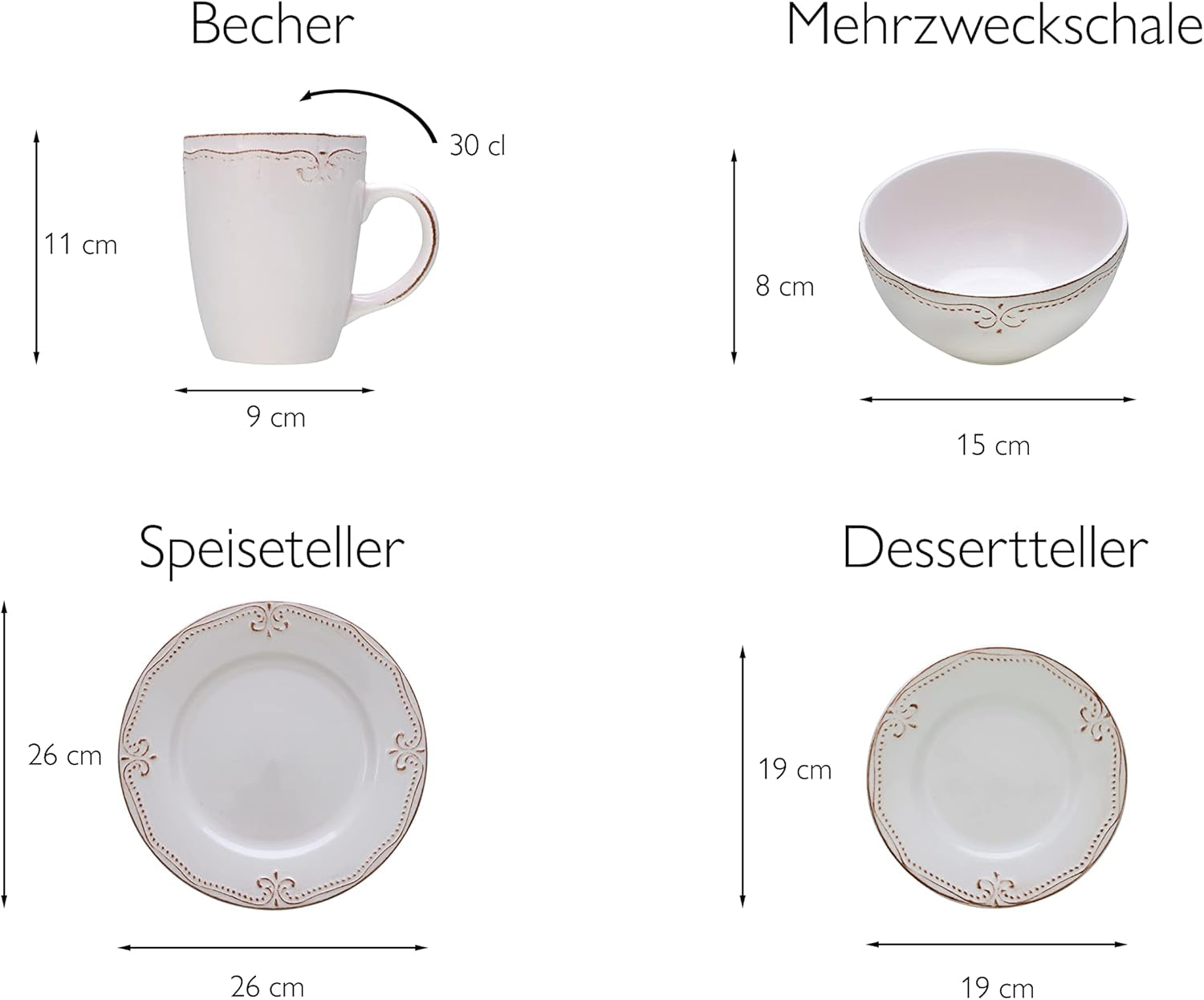 CreaTable, 23601, Série Romantic Vintage, Service de table 16 pièces pour 4 personnes, Service combiné en porcelaine, Passe au lave-vaisselle et au micro-ondes, Fabrication de qualité