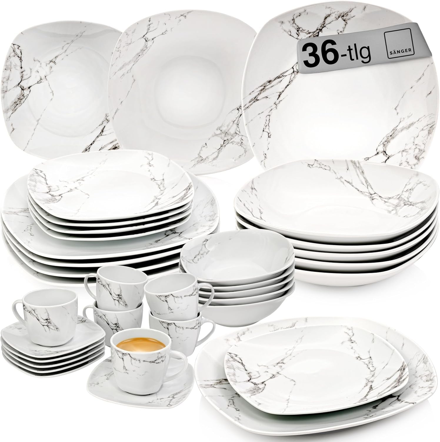 SANGER | Service de table combiné en marbre Bilgola, service de table 36 pièces pour 6 personnes avec assiettes plates, assiettes à dessert, assiettes Suma, bols à céréales, assiettes à café et soucoupes en porcelaine, carré | LA COLLECTION PREMIUM