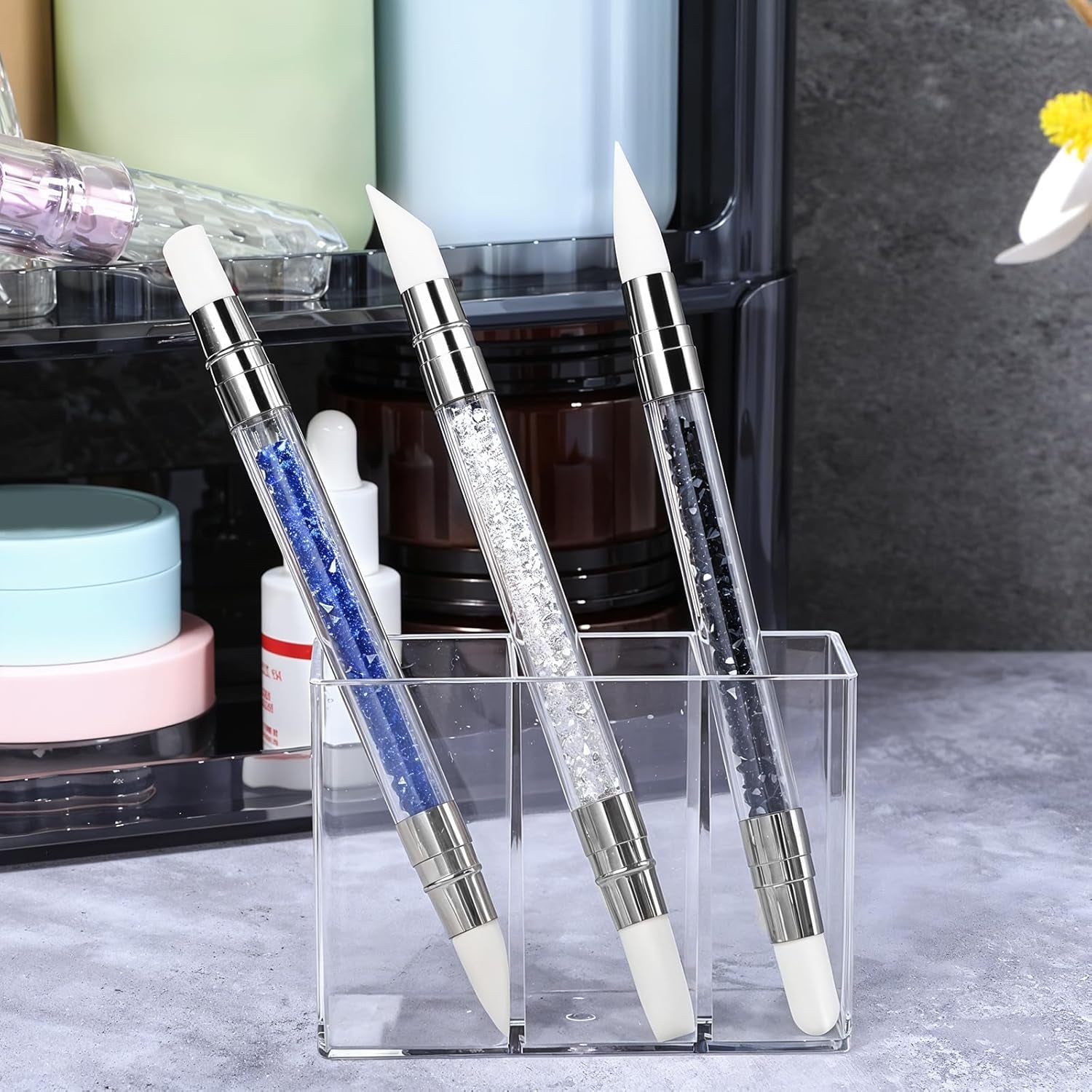 3 pièces Nagel Pinsel Silicone, Nagelkunst Skulptur Stift, Double Köpfe DIY Maniküre Werkzeug, Strassstein Picker, Gel Schnitzen Pinsel For Design, Shaping Drawing Carving Nagelfolie