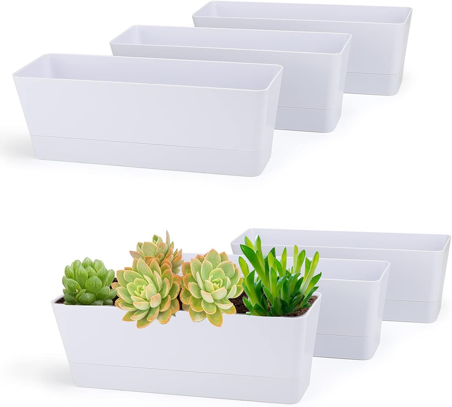 Set de 3 ghivece dreptunghiulare (40,6 × 9,7 cm) cu farfurioare – ghivece albe din plastic pentru ierburi, flori, legume – pentru balcon, grădină, pervaz, interior și exterior