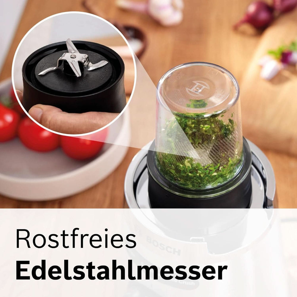 Bosch Batteur sur socle Vitapower Serie 4 MMB6177S, Edelstahl-Klingen Fabriqué en Allemagne, 1,5 L Thermosafe Glasbehälter, 0,6 L To-Go-Flasche, Stopfer, Universalzerkleinerer, 30 000 U/Min, 1200 W, Silver Kitchen Naty Shop