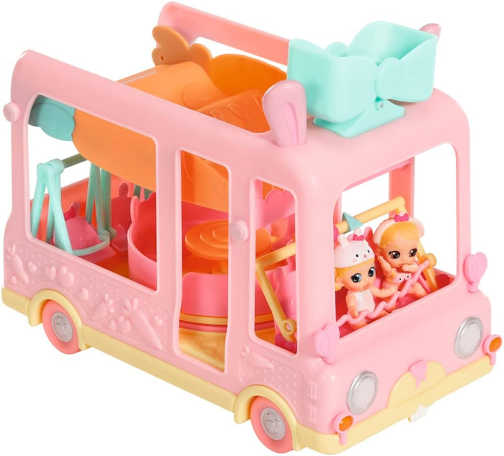 BABY born 904763 Baby Surprise Bus - mini bus jouet pour poupée rose avec 2 poupées exclusives, poussette triple, balançoire, carrousel, toboggan et balançoire triple.