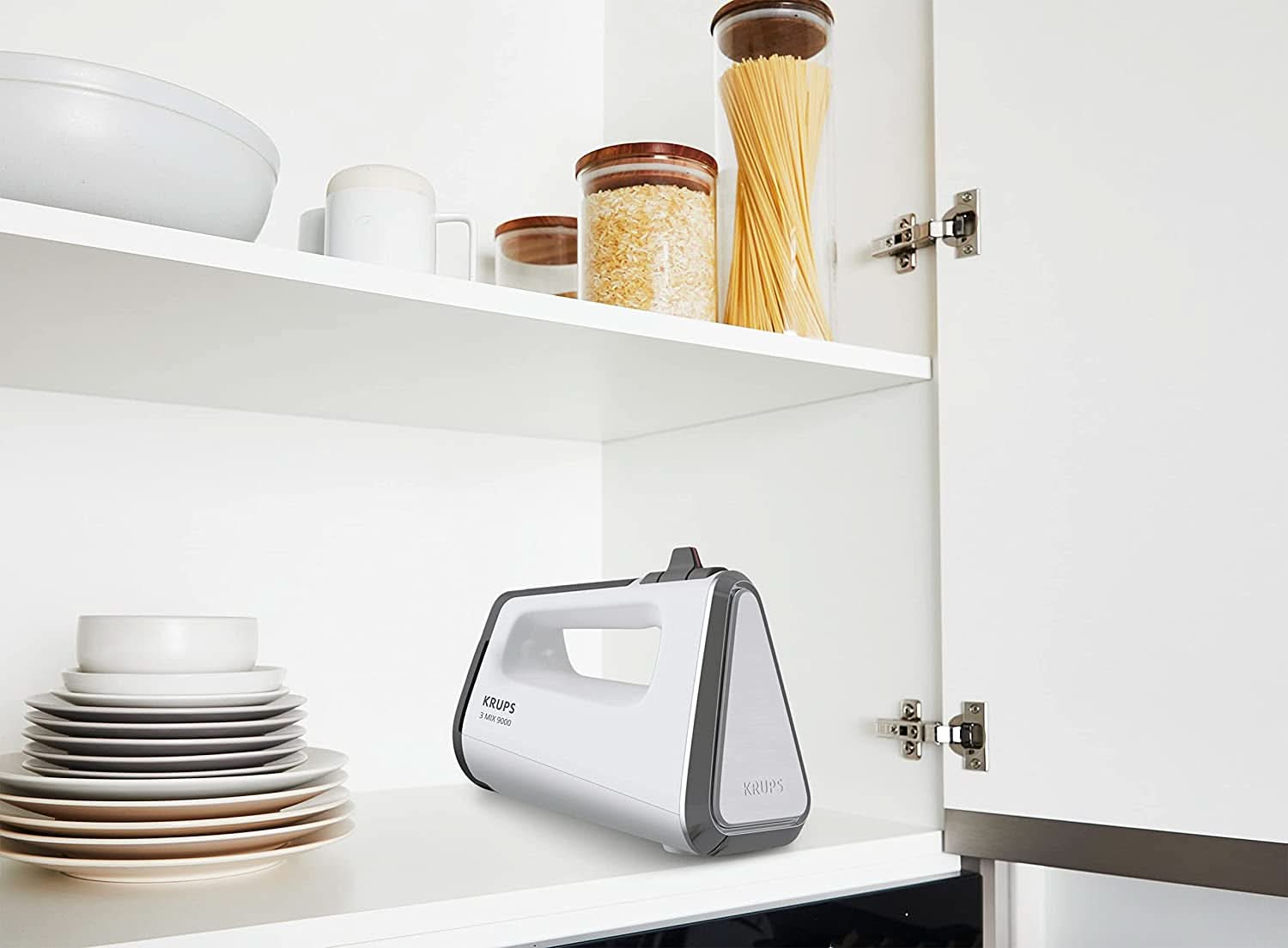 Krups GN9121 3 Mix 9000 Handmixer | 750 Watt | Geschwindigkeitsregler | Turbomodus | Auswurffunktion | Ergonomischer Griff | Inkl. Schneebesen, Knethaken, Pürierstab-Aufsatz, Messbecher | Weiß/Silber Naty Shop