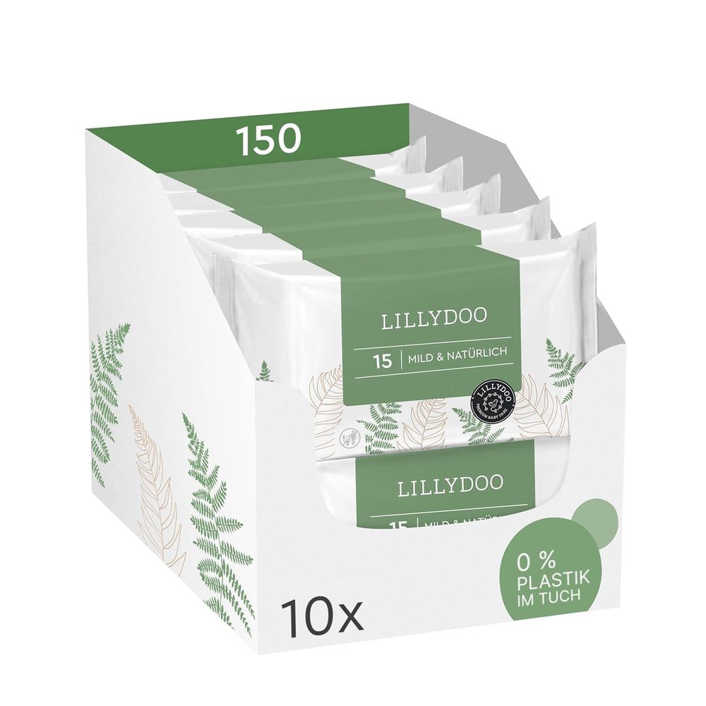 LILLYDOO Lingettes humides vertes, 600 unités (10 x 60), 100 % sans plastique, résistantes aux déchirures – Sans parfum, douces et naturelles, nettoyage doux pour les peaux sensibles, testées dermatologiquement
