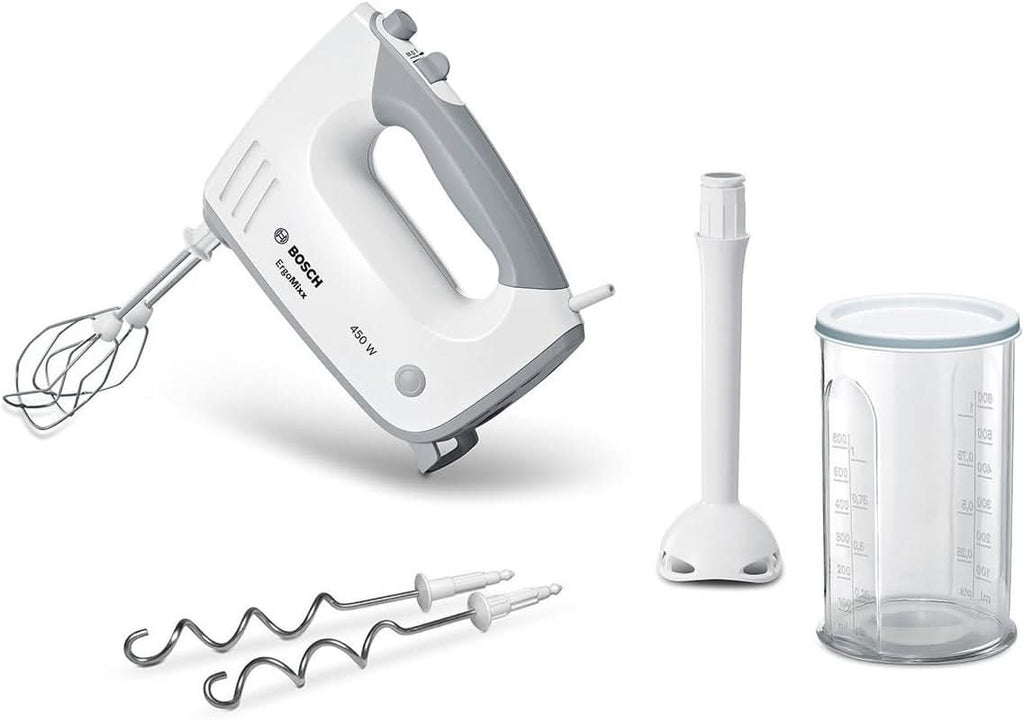 Bosch Hausgeräte Handrührer Ergomixx MFQ36440, 2 Rührbesen, 2 Edelstahl-Knethaken, Pürierstab, Becher, Spülmaschinengeeignet, 5 Stufen plus Turbostufe, 450 W, Weiß Bucatarie Naty Shop