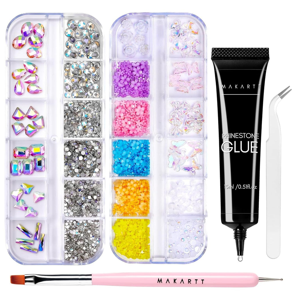 Gel adeziv pentru strasuri Makartt - Set de adeziv UV pentru unghii 15ml cu brelocuri roz pentru unghii, bijuterii pentru unghii în formă de inimă și cerc și accesorii pentru designul unghiilor, pentru manichiură acasă, cadou de Ziua Îndrăgostiților