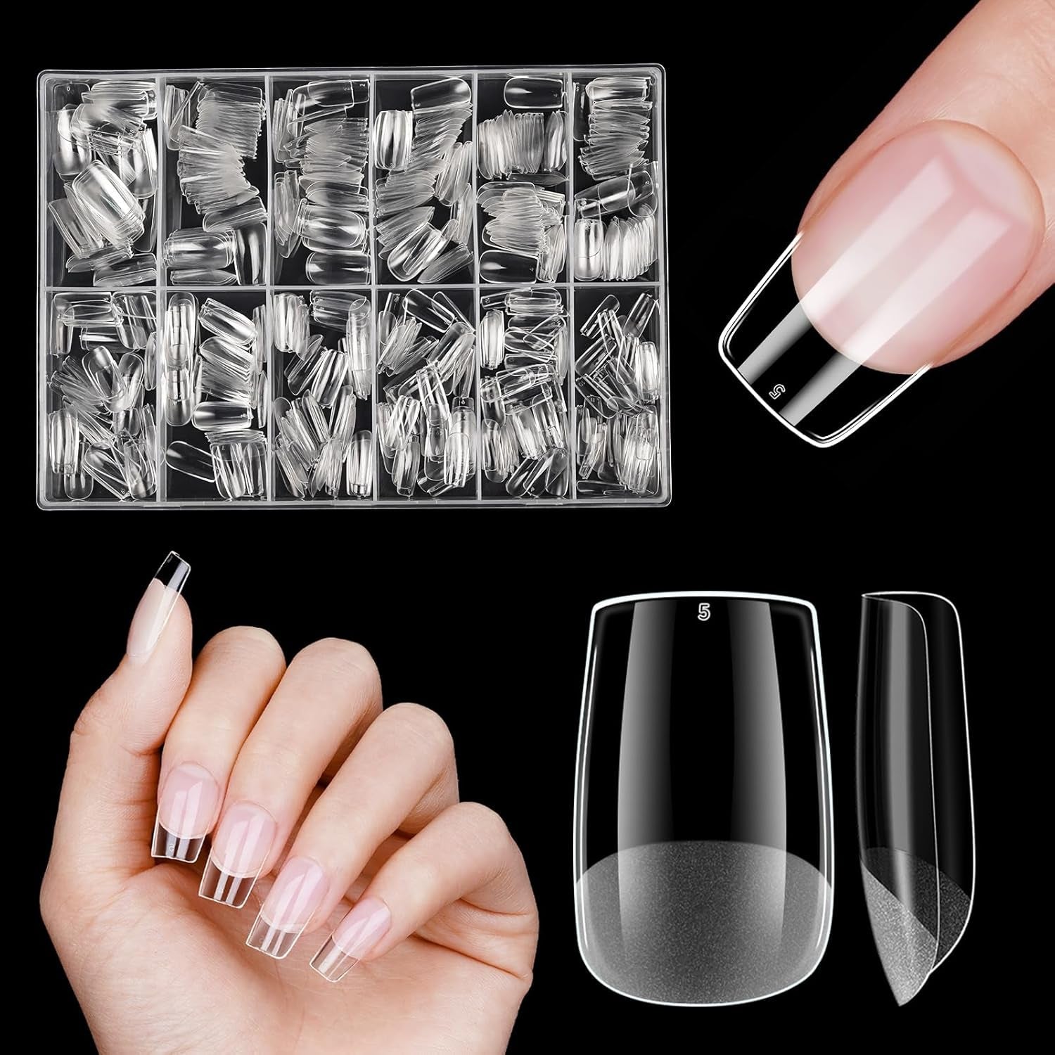 Ongles artificiels courts 500 pièces bouts d'ongles à couverture complète en gel souple pour ongles en gel 12 tailles bouts d'ongles pré-polis pour ongles en gel Ongles artificiels courts Extensions d'ongles de cercueil avec boîte