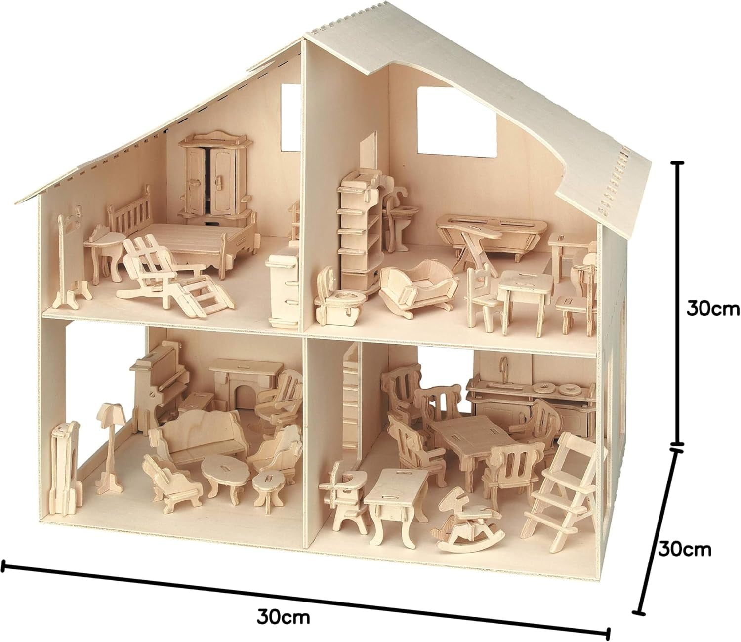 Pebaro Donau Elektronik _M880 Maison de poupée puzzle 3D avec meubles, 30 x 30 x 30 cm, Naturel