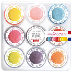 Scrapcooking - Lot de 9 colorants alimentaires en poudre - Bleu, Jaune, Rose, Violet, Orange, Vert anis, Rouge, Rose poudré, Noir - Colorant en poudre comestible pour gâteaux, muffins, macarons - 4270