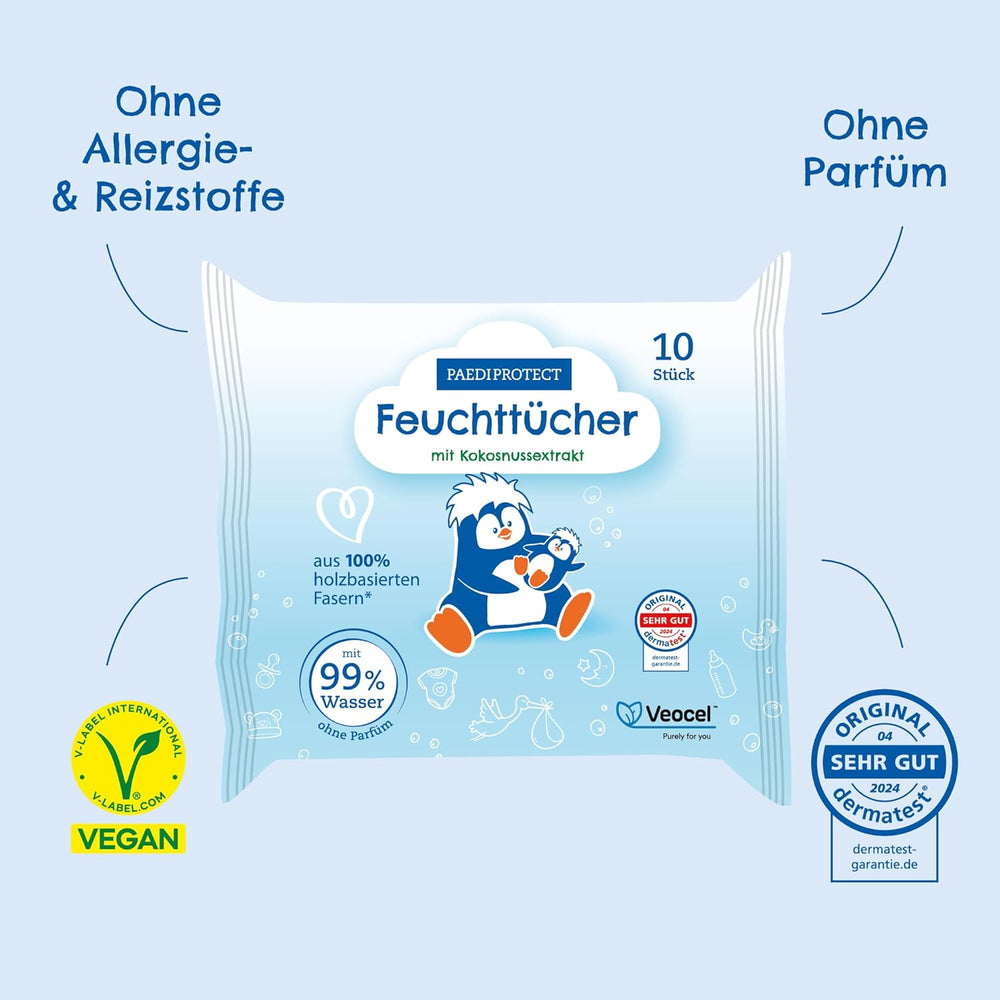PAEDIPROTECT Lingettes humides pour bébé 1 x 10 pièces Lingettes humides à l'eau pour bébé sensible 99 % d'eau sans parfum Bébé et enfants Peau délicate Extrait de noix de coco Sans microplastique végétalien (paquet de 5)