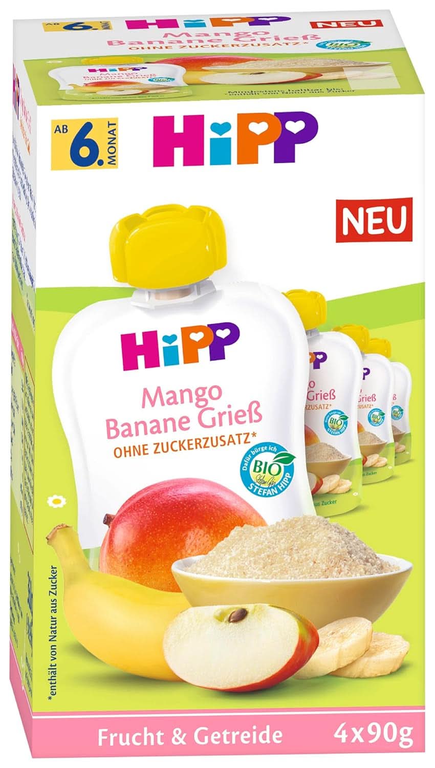 Hipp Fruits et céréales biologiques dans des sacs à presser pour bébés Paquet de 4 semoules de mangue et de banane (4X4X90G) Mère et bébé Naty Shop