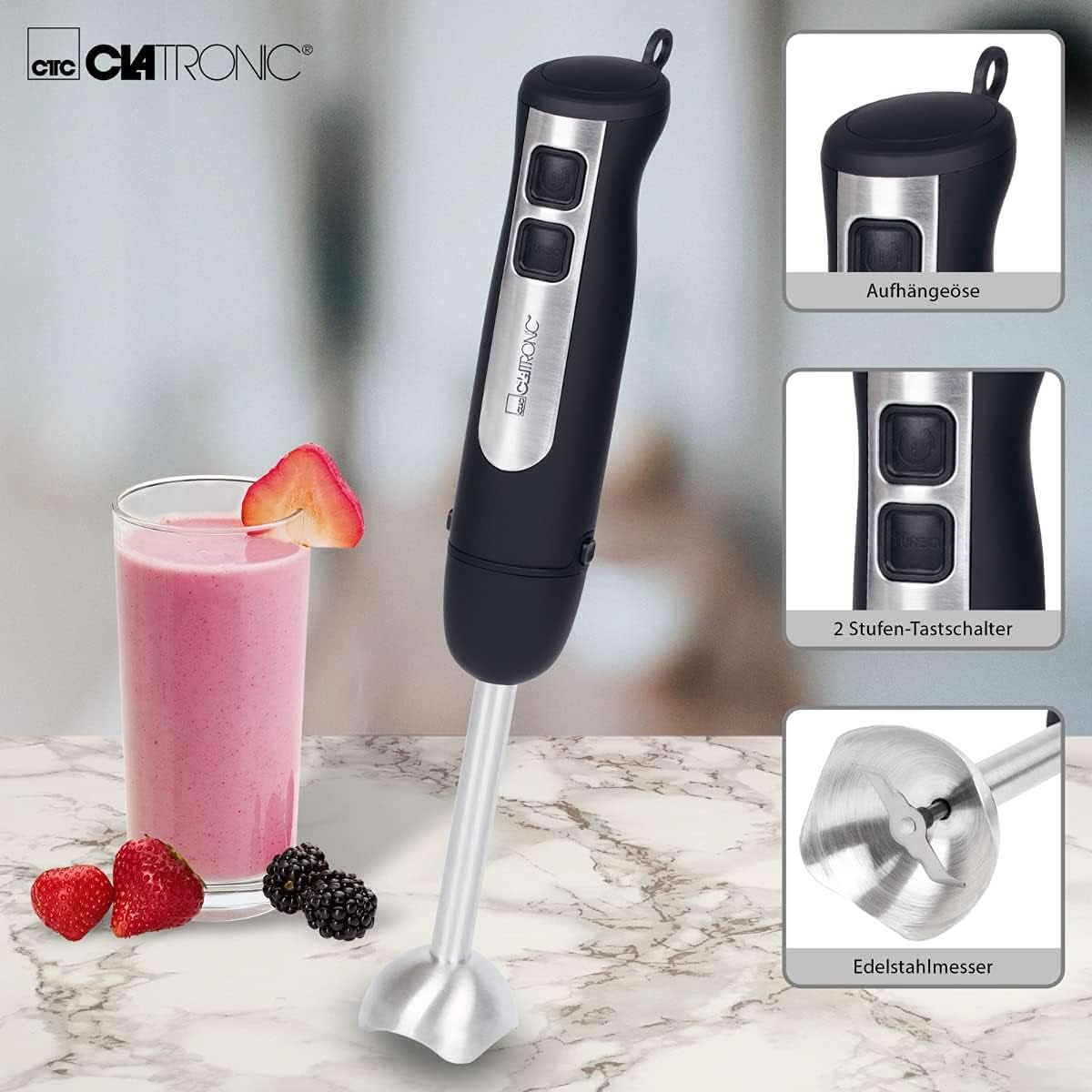 Clatronic Stabmixer SM 3739 Pürierstab, Handmixer, Mixer Für Smoothie, Shakes, 2 Stufen-Schalter, Multizerkleinerer, Edelstahl-Stab and Messer, Aufhängeöse, 800 Watt Motor, Schwarz-Edelstahl Mother and Child Naty Shop
