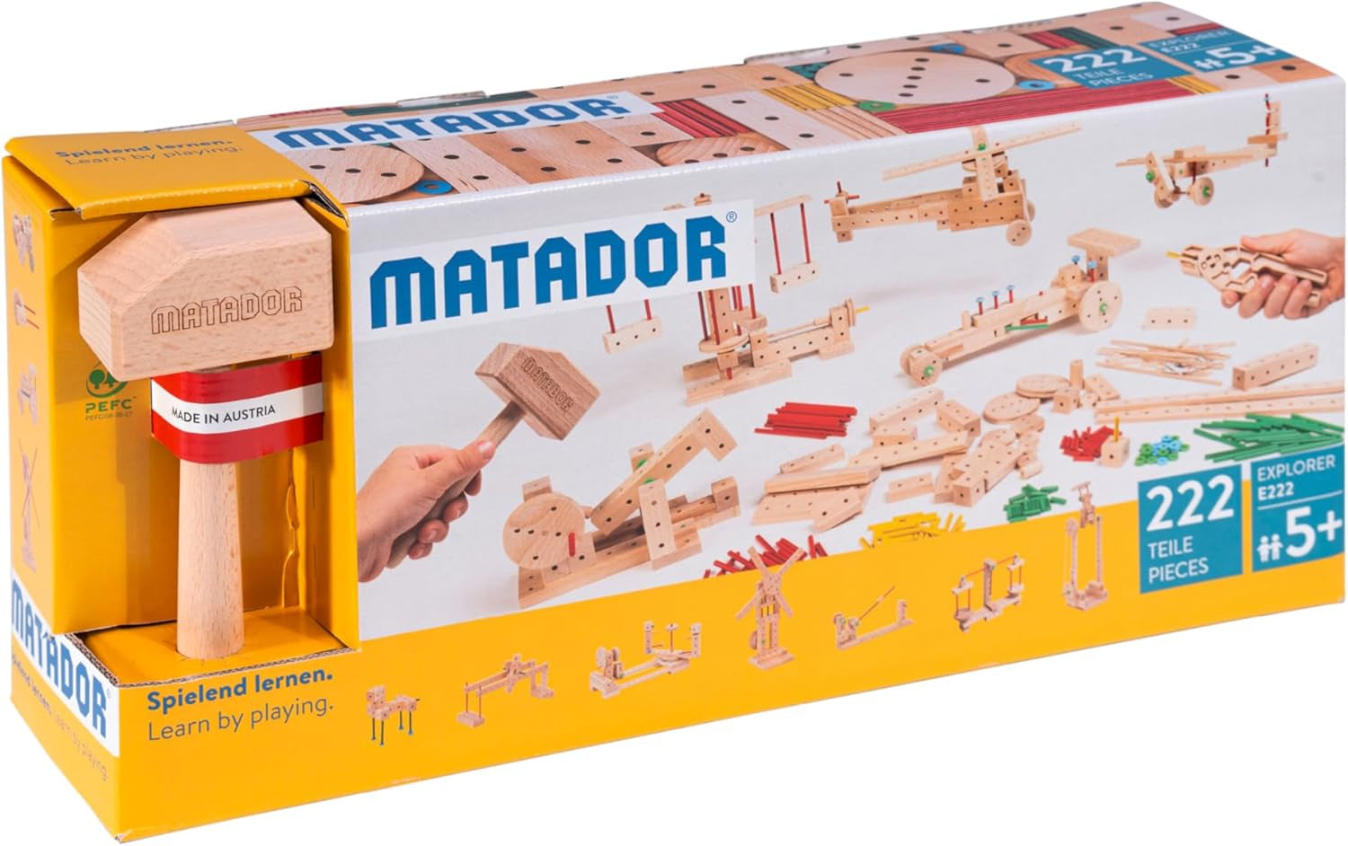 Matador Kinder Baukasten ab 5 Jahren 222-tlg. - Spannendes Holz Konstruktionsspielzeug zur Schulung von Kreativität und Feinmotorik, Bauspielzeug mit Stäbchen, Klötzen, Hammer & Zange