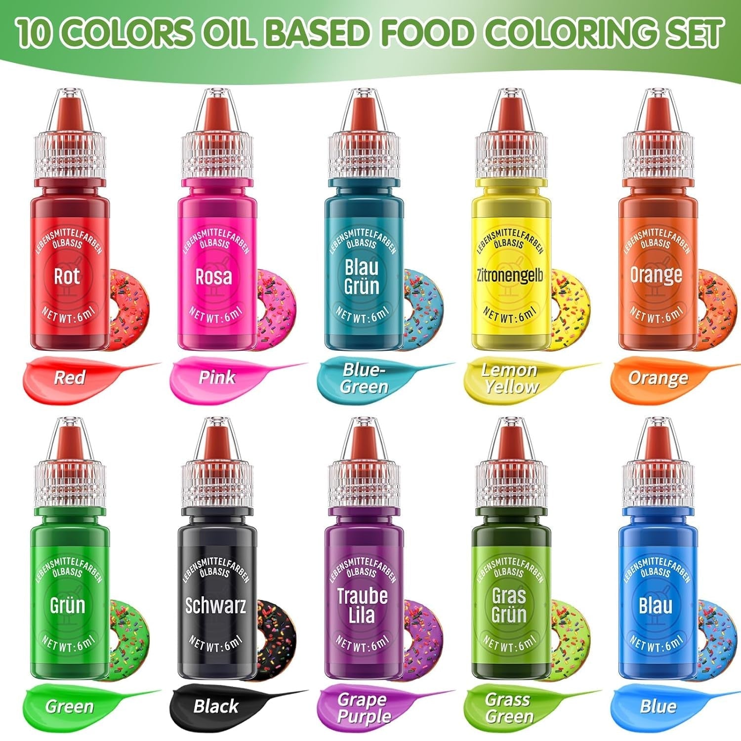 Colorant alimentaire liposoluble, 10 couleurs de colorant alimentaire à base d'huile pour la décoration de gâteaux au chocolat, ensemble de colorants alimentaires hautement concentrés pour fondant, cupcake, pâtisserie, colorant alimentaire - 6 ml chacun
