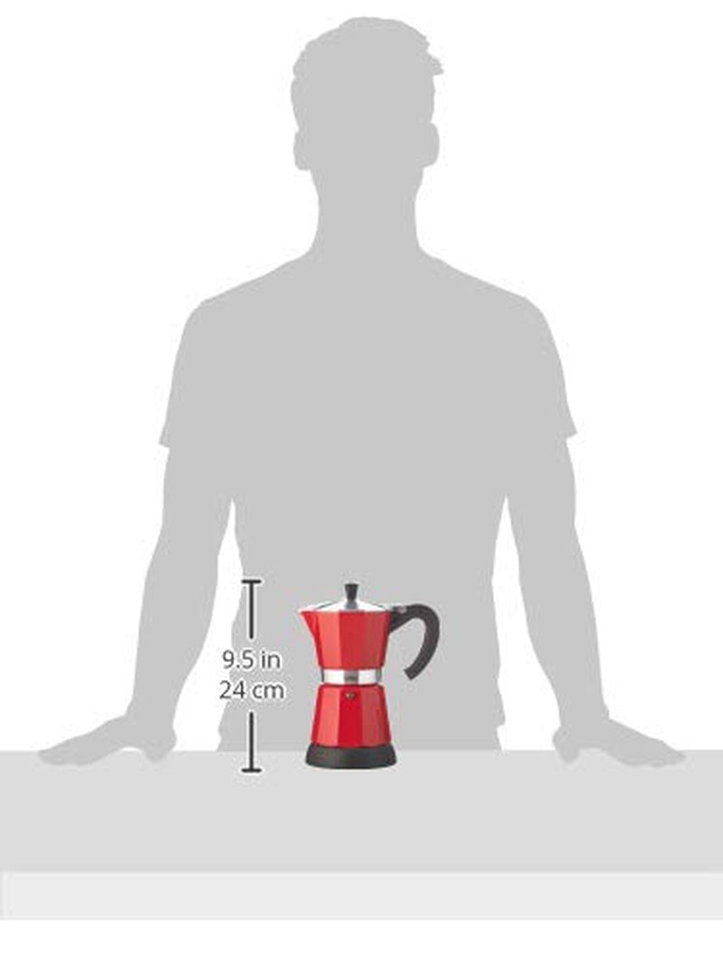 Machine à expresso Cilio Classico pour 6 tasses | électrique 480W | Ø 11,5 cm Hauteur : 25 cm | aluminium | rouge | table de cuisson intégrée | avec fonction de rétention de chaleur et filtre réducteur | pour voyager ou camper