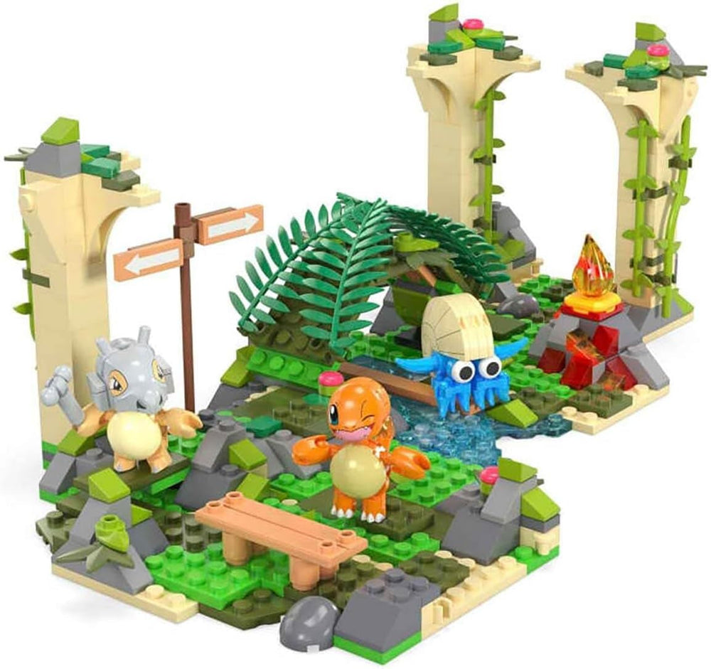Mega Pokémon Figuren Bauset Dschungel Ruinen, 464 Teile, mit Glumanda, Tragasso und Amonitas-Figuren, Pokémon Spielzeug, Spielzeug ab 7 Jahren, HDL86