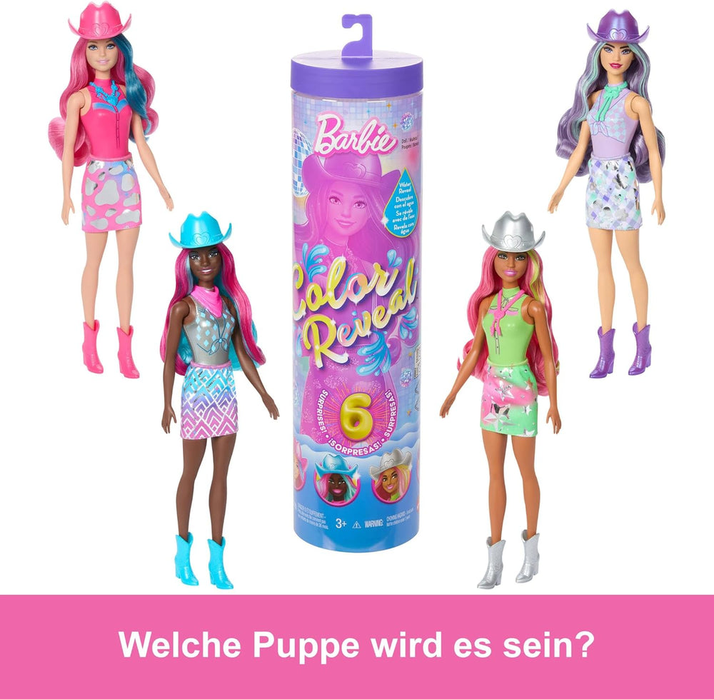 Poupée Barbie Color Reveal et accessoires avec 6 surprises, série Disco Star avec paillettes métalliques et dessus changeant de couleur (les styles peuvent varier), JCP01, 32 cm