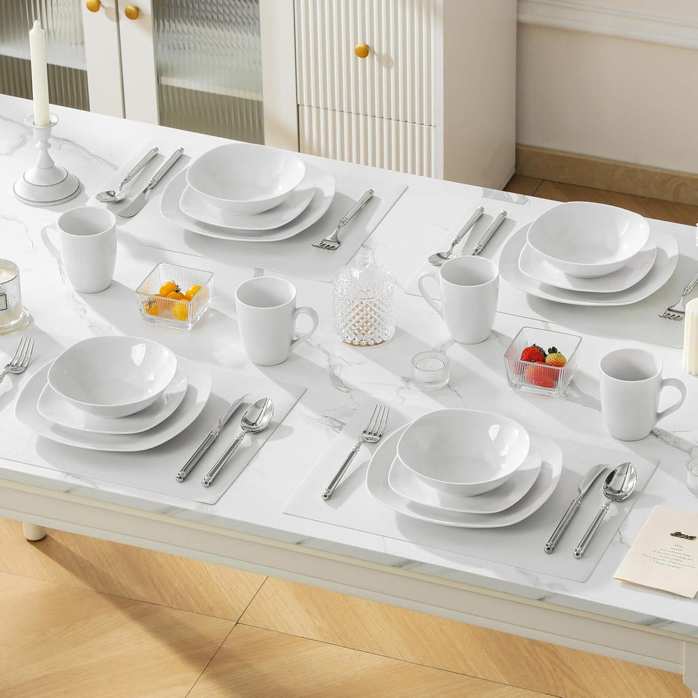 MALACASA Service de table pour 4 personnes, 16 pièces en porcelaine blanche, service de table moderne avec 4 assiettes plates, assiettes à dessert, assiettes et tasses Suma, série ELISA