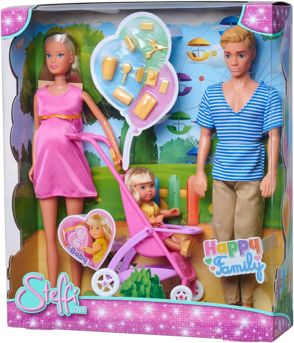 Simba 105733673 - Steffi Love Happy Family, poupée enceinte, Kevin, Evi et bébé avec poussette, 11 pièces, accessoires, 30 cm, à partir de 3 ans