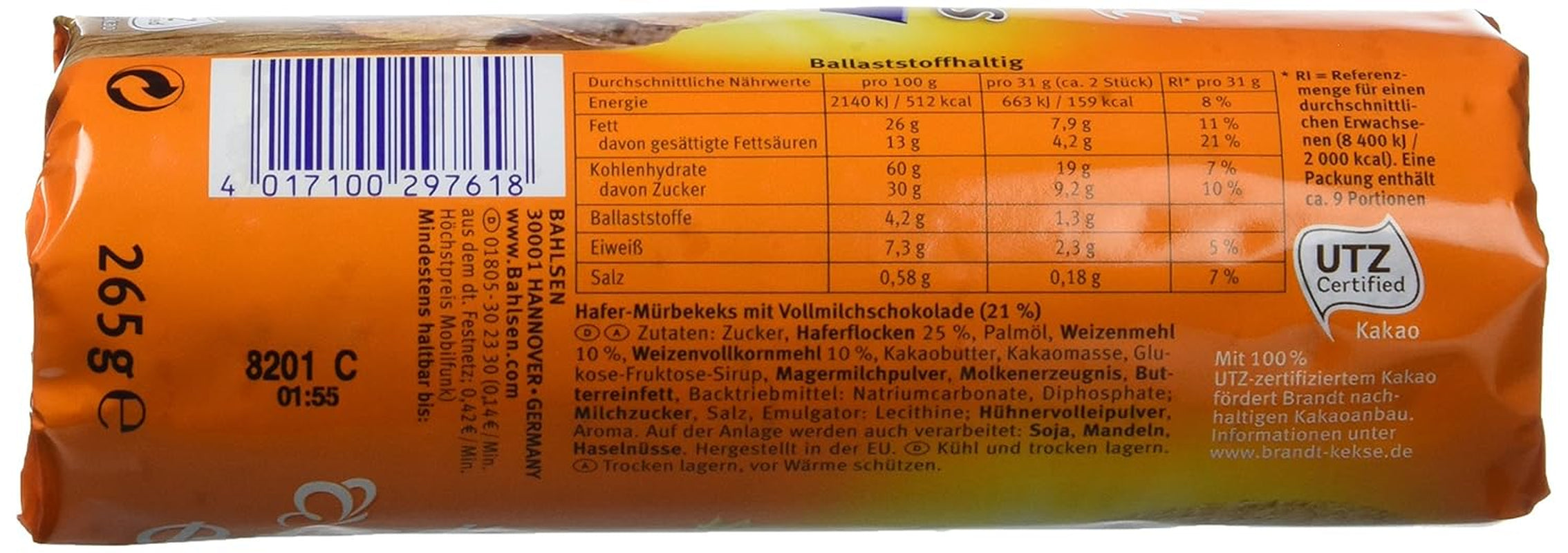 Brandt Hobbits Chocolate - Paquet de 18 - Boîte de rangement - Biscuits au chocolat mi-fin à l'avoine complète et à haute teneur en fibres (18 x 265 g)