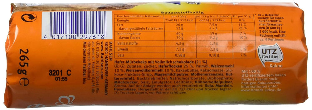 Brandt Hobbits Chocolate - Paquet de 18 - Boîte de rangement - Biscuits au chocolat mi-fin à l'avoine complète et à haute teneur en fibres (18 x 265 g)